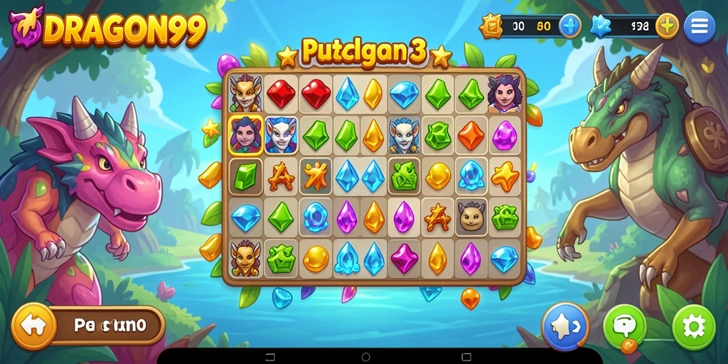 Tampilan antarmuka <strong>DRAGON99</strong> yang menarik dan penuh warna saat bermain Puzzle Match-3.