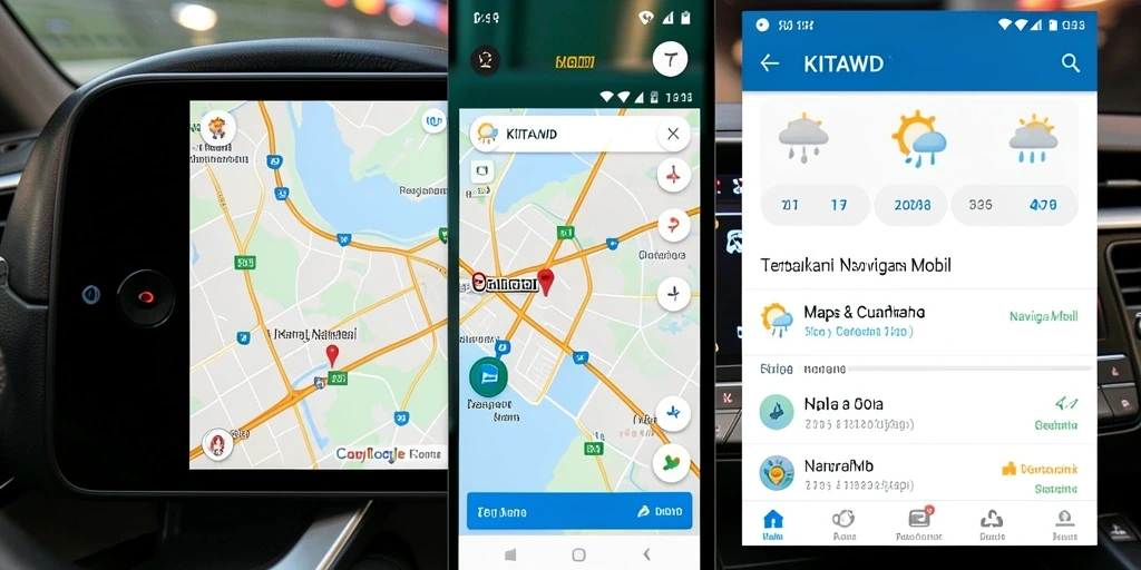 Antarmuka aplikasi KITAWD dengan fitur navigasi mobil yang canggih.