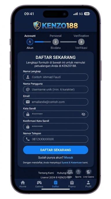 Tampilan halaman daftar kenzo188